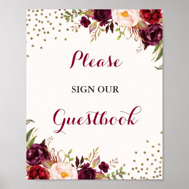 Burgundy Confetti Floral Guestbook Wedding Sign (Front)