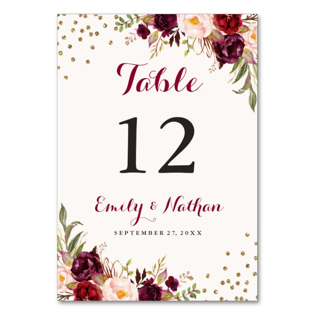 Burgundy Confetti Floral Table Number (Back)