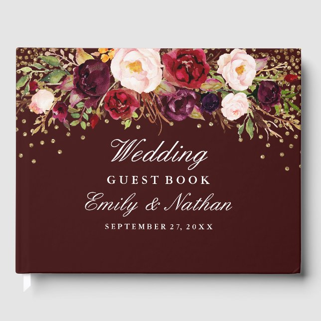Burgundy Confetti Floral Wedding Guest Book (Front)