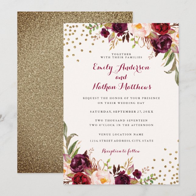 Burgundy Confetti Floral Wedding Invitation (Front/Back)