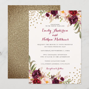 Burgundy Confetti Floral Wedding Invitation