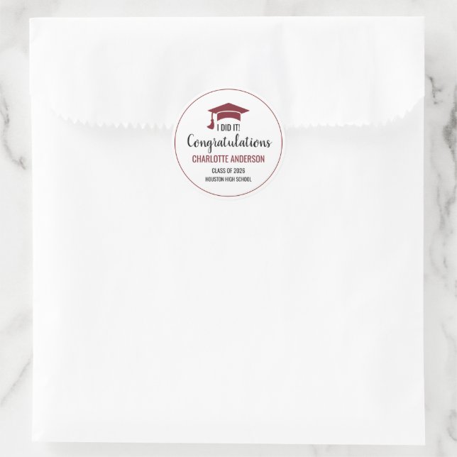 Burgundy Congrats Graduation Classic Round Sticker (Bag)