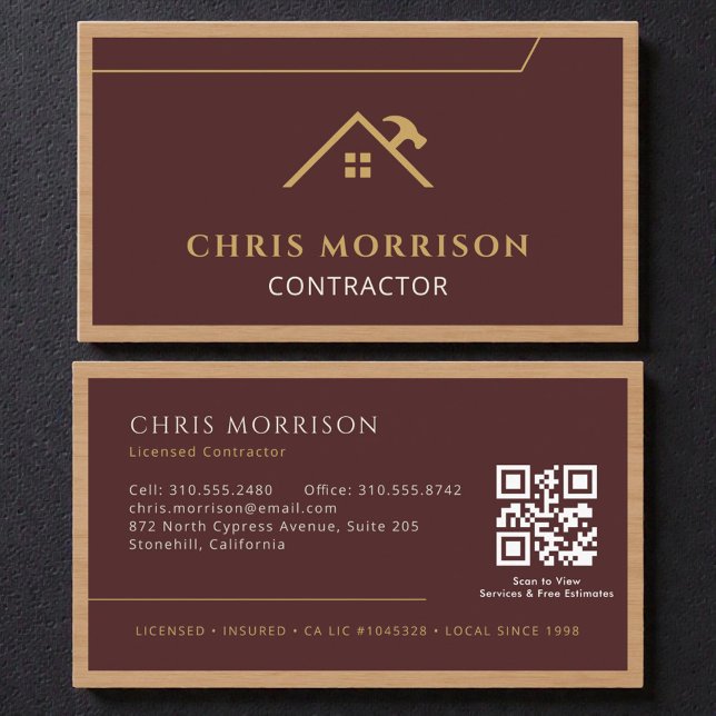 Burgundy Construction Professional Wood QR Code Business Card (Creator Uploaded)