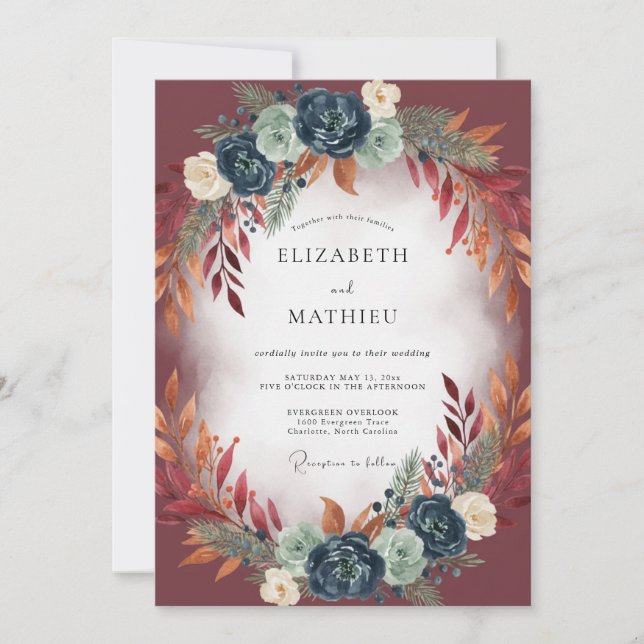 Burgundy Copper Autumnal Eucalyptus Wedding Invitation (Front)
