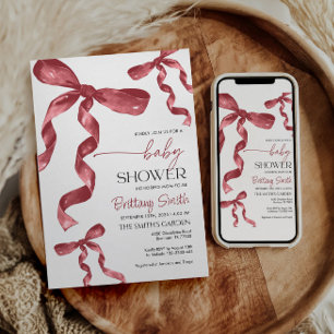 Burgundy Coquette Bow Baby Shower Invitation