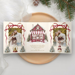 Burgundy Coquette Bow Christmas Toy Store Photo Tri-Fold Holiday Card
