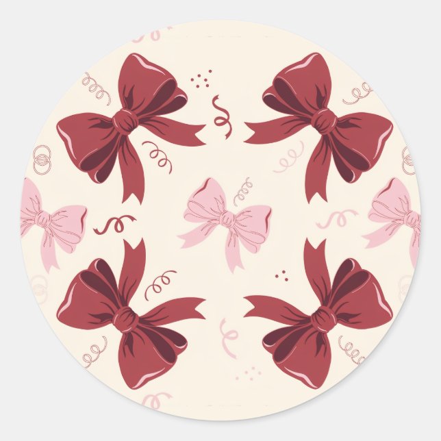 Burgundy Coquette Bow Pattern Classic Round Sticker (Front)