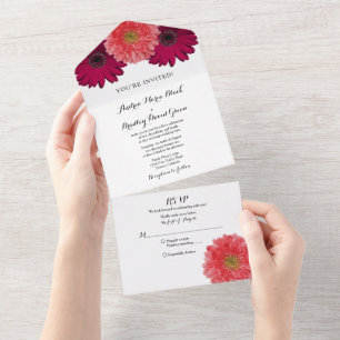 Burgundy Coral Daisy Floral Wedding RSVP All In On One Invitation