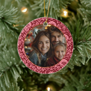 Burgundy Coral Damask Christmas. Ceramic Tree Decoration
