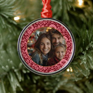 Burgundy Coral Damask Christmas. Metal Tree Decoration