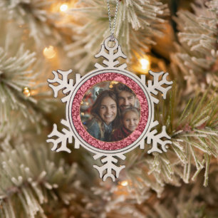 Burgundy Coral Damask Christmas. Snowflake Pewter Christmas Ornament