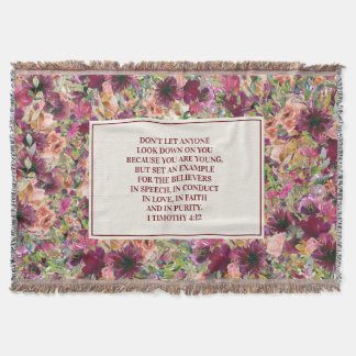 Burgundy Coral Floral Bible Verse Timothy Youth Throw Blanket