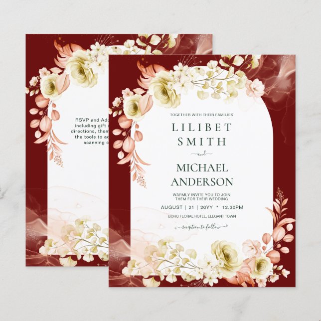Burgundy Coral Floral Boho Wedding Invite (Front/Back)