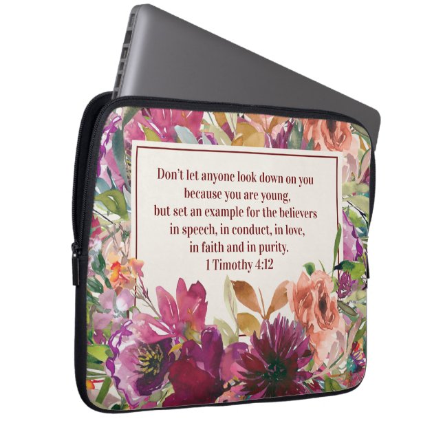 Burgundy Coral Floral Christian Bible Verse Laptop Sleeve (Front Right)
