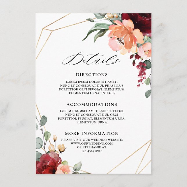 Burgundy Coral Orange Eucalyptus Wedding Details Enclosure Card (Front)