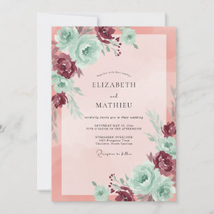 Burgundy Coral Ranunculus Eucalyptus Wedding Invitation