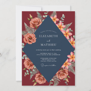 Burgundy Coral Tropical Eucalyptus Wedding Invitation