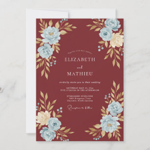 Burgundy Cornflower Ranunculus Eucalyptus Wedding Invitation