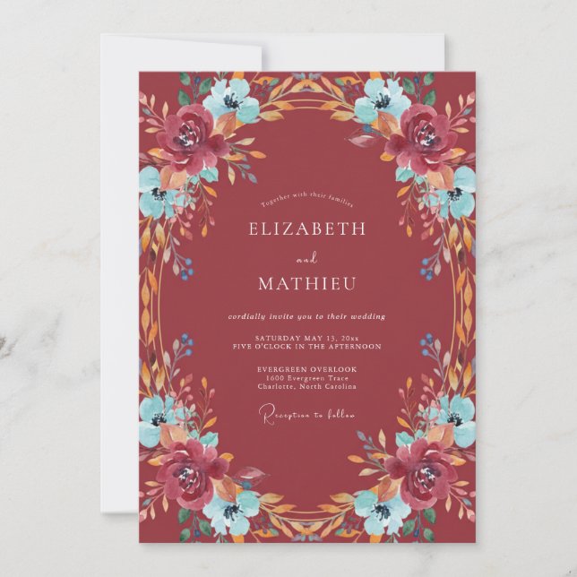 Burgundy Cornflower Wreath Wedding Invitation (Front)