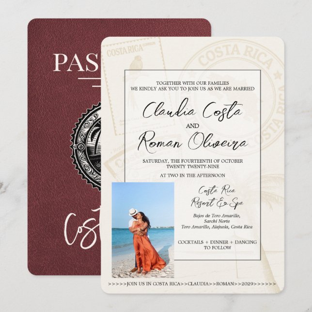 Burgundy Costa Rica Passport Wedding Invitation (Front/Back)