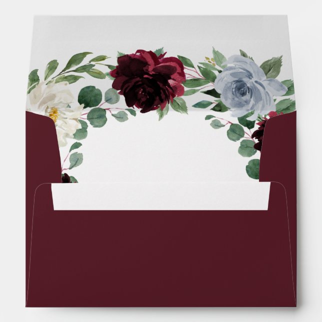 Burgundy Cranberry Dusty Blue Floral Fall Wedding Envelope (Back (Bottom))
