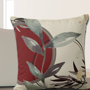 Burgundy & Cream Artistic Abstract Watercolor Leaf Cushion