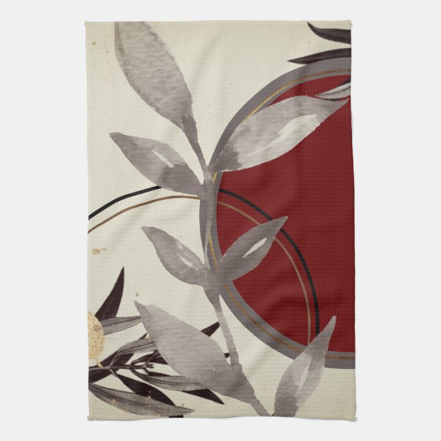 Burgundy & Cream Artistic Watercolor Leaves Tea Towel (Vertical)