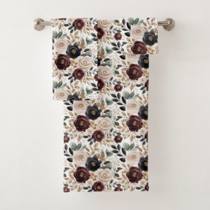 Burgundy Cream Black Floral Bath Towel Set