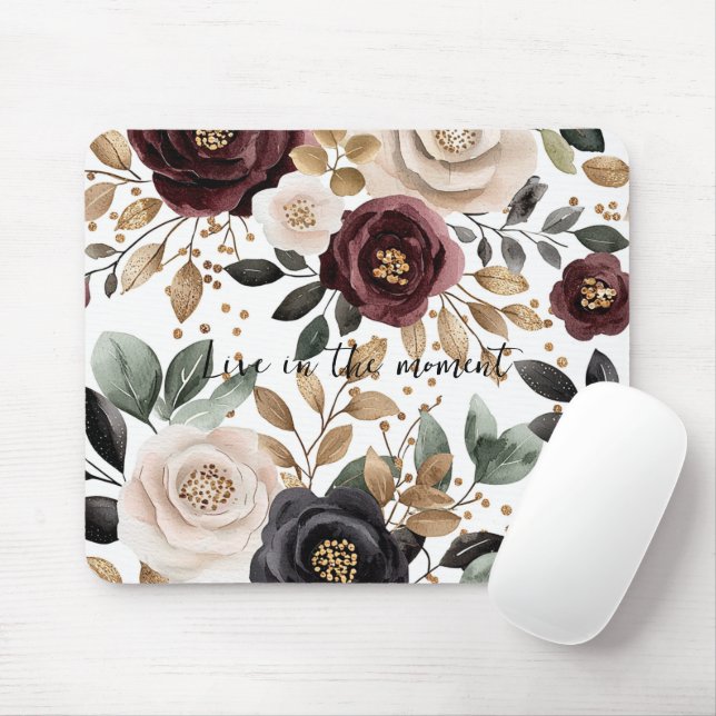 Burgundy Cream Black Floral Mouse Mat (With Mouse)