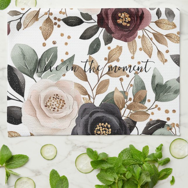 Burgundy Cream Black Floral Tea Towel (Folded)