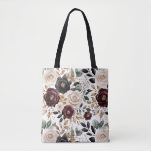 Burgundy Cream Black Floral Tote Bag