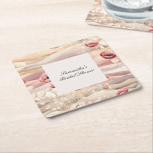 Burgundy Cream Blush Floral Bridal Shower Square Paper Coaster