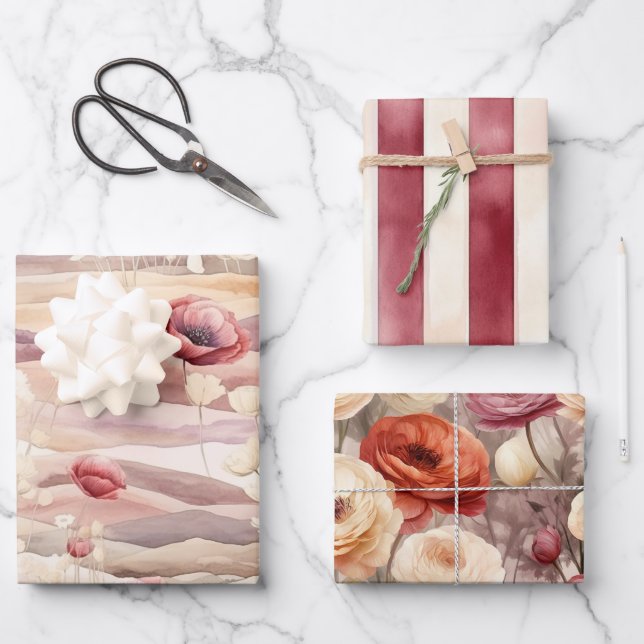 Burgundy Cream Blush Floral Bridal Shower Wrapping Paper Sheet (Front)
