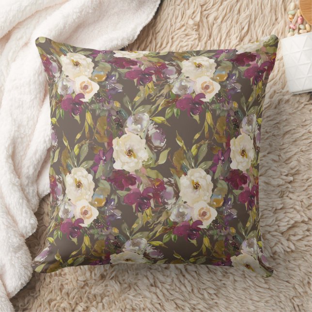 Burgundy Cream-Coloured Floral Brown Elegant Cushion (Blanket)
