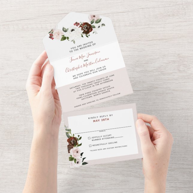Burgundy Cream Dusty Pink Rose Floral Wedding All In One Invitation (Tearaway)