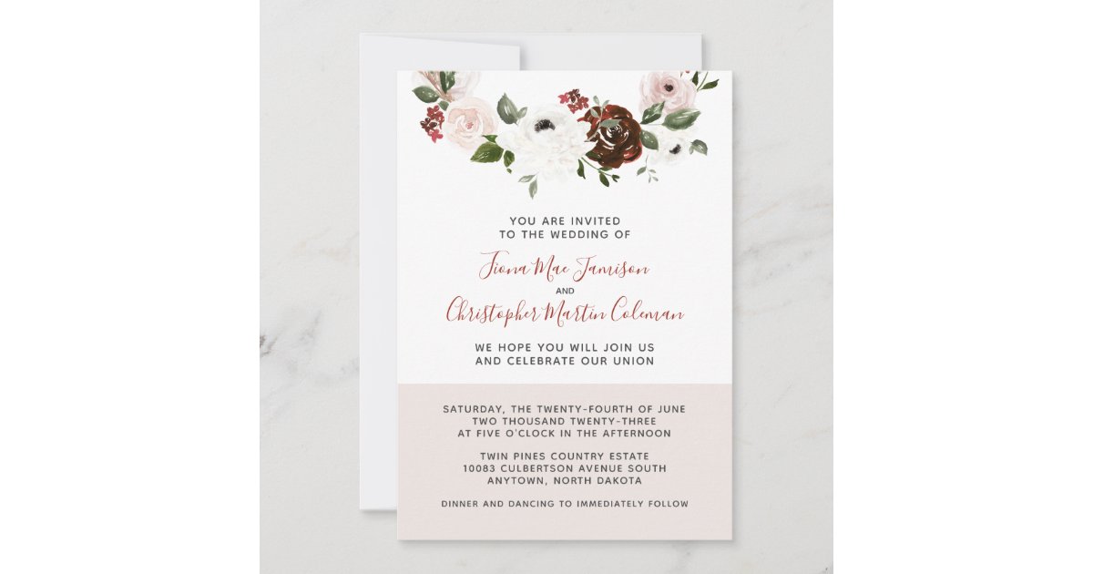 Burgundy Cream Dusty Pink Rose Floral Wedding Invitation | Zazzle
