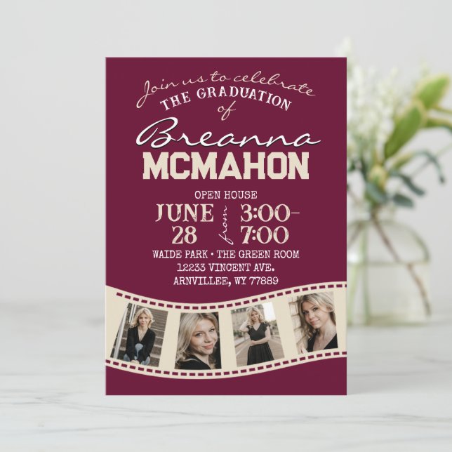 Burgundy & Cream Filmstrip 5 Photo Graduation Invitation (Standing Front)