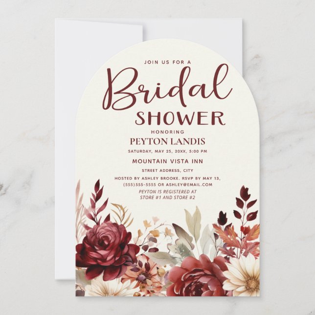 Burgundy Cream Floral Arch Bridal Shower Invitation (Front)