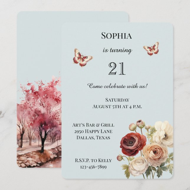 Burgundy Cream Floral Birthday Invitation (Front/Back)