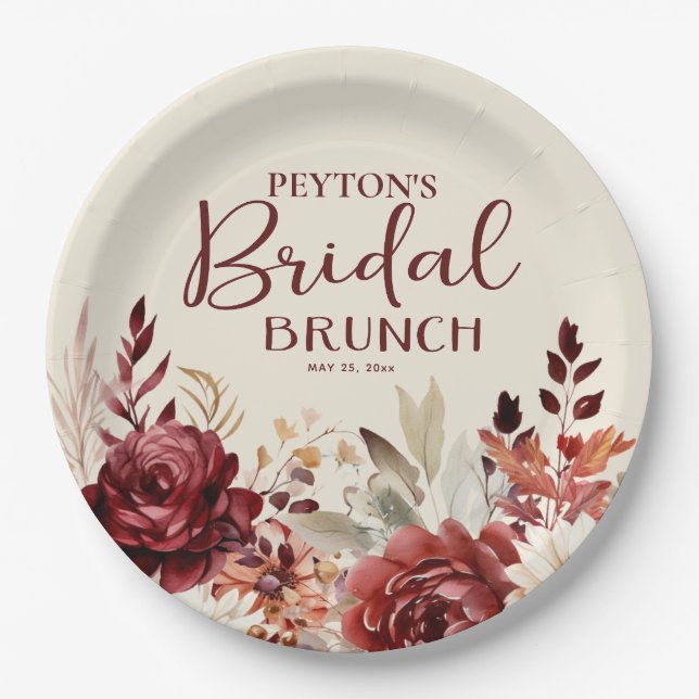 Burgundy Cream Floral Bridal Brunch Paper Plate (Front)