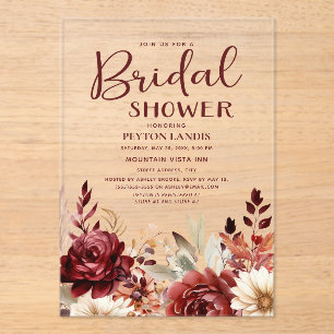 Burgundy Cream Floral Bridal Shower Acrylic Invitations