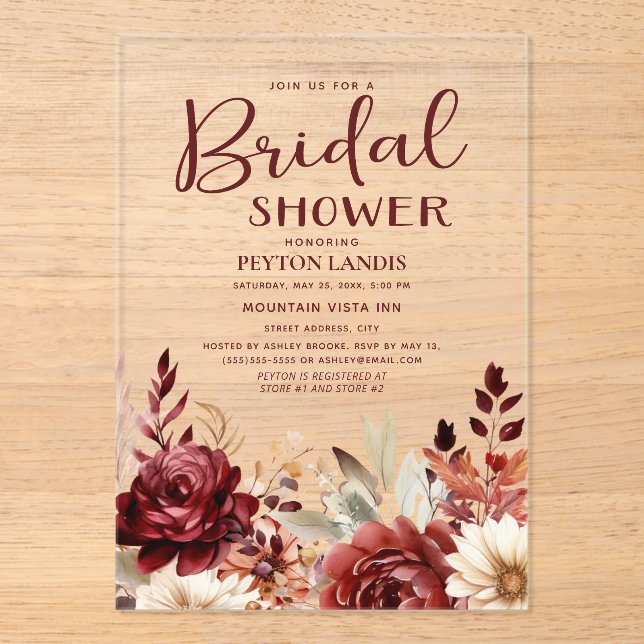Burgundy Cream Floral Bridal Shower Acrylic Invitations (Front)