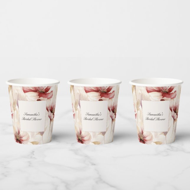 Burgundy Cream Floral Bridal Shower Paper Cups (Multi)