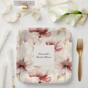 Burgundy Cream Floral Bridal Shower Paper Plate