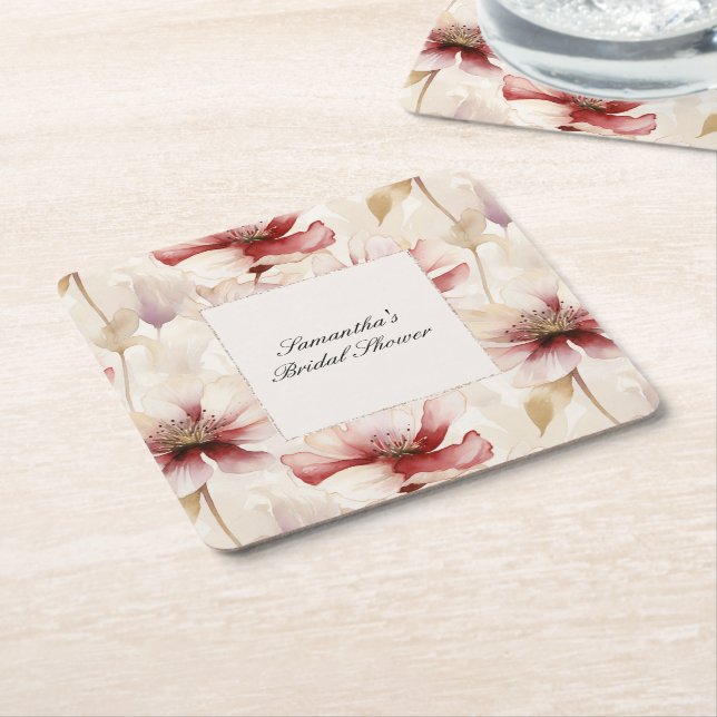 Burgundy Cream Floral Bridal Shower Square Paper Coaster (Angled)