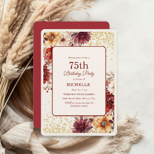 Burgundy Cream Floral Gold Glitter 75th Birthday Invitation