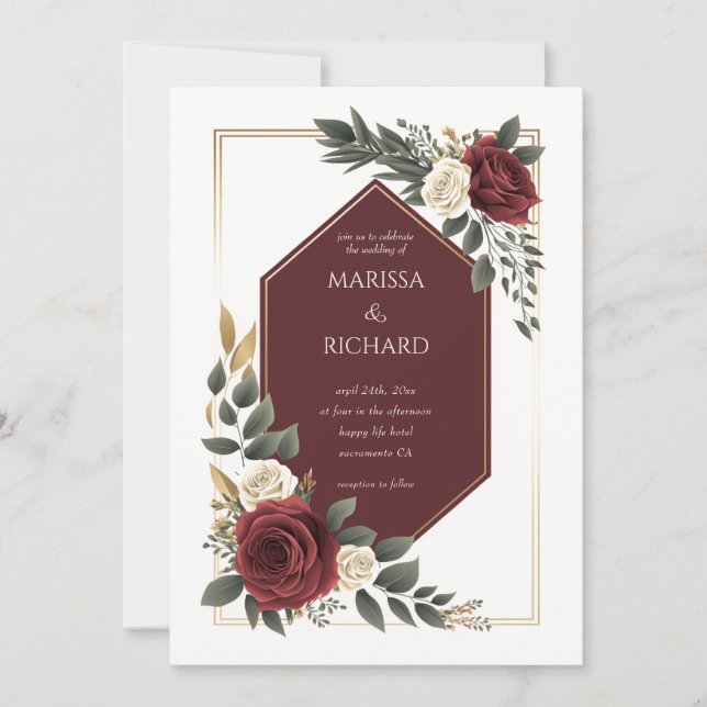 Burgundy Cream Floral Rose Diamond Shape Wedding Invitation (Front)