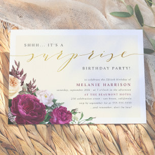 Burgundy & Cream Floral Surprise Birthday Party Invitation