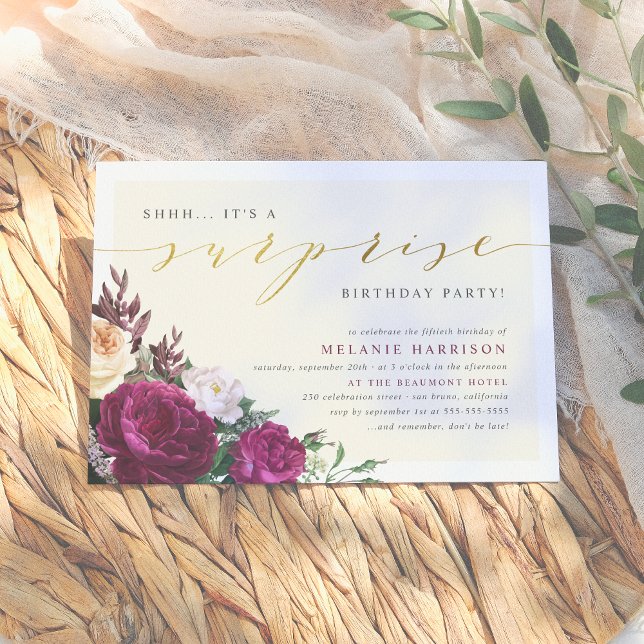 Burgundy & Cream Floral Surprise Birthday Party Invitation (Creator Uploaded)