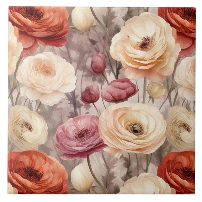 Burgundy Cream Flowers Tile (Front)